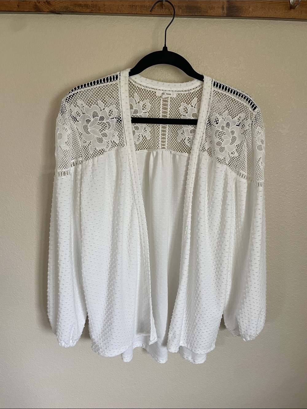 Maurices White Lace Yoke Open-Front Light Cardigan L Crochet Swiss Dot Cottage